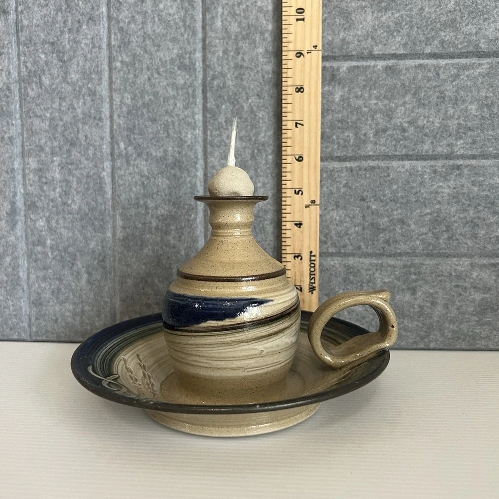 Vintage Studio Art Pottery Oil Lamp With Wick & Ball Candle Holder Signed